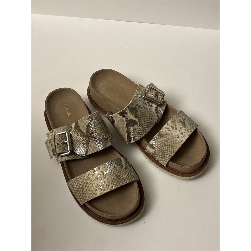 Clarks Sandals Snakeskin Slides Sz 9 Orianna Sun EUC Comfort Walking